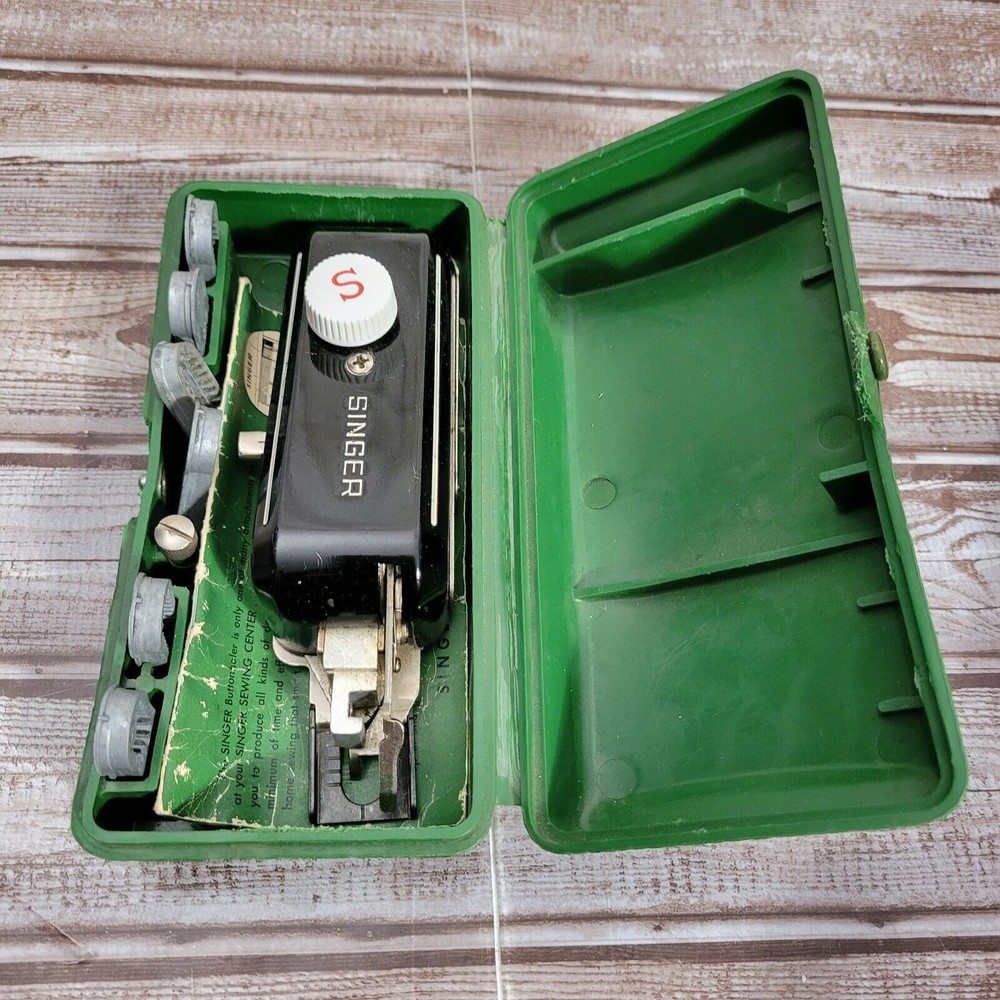 Vintage Singer Button Holder With Attachment Box and booklet.